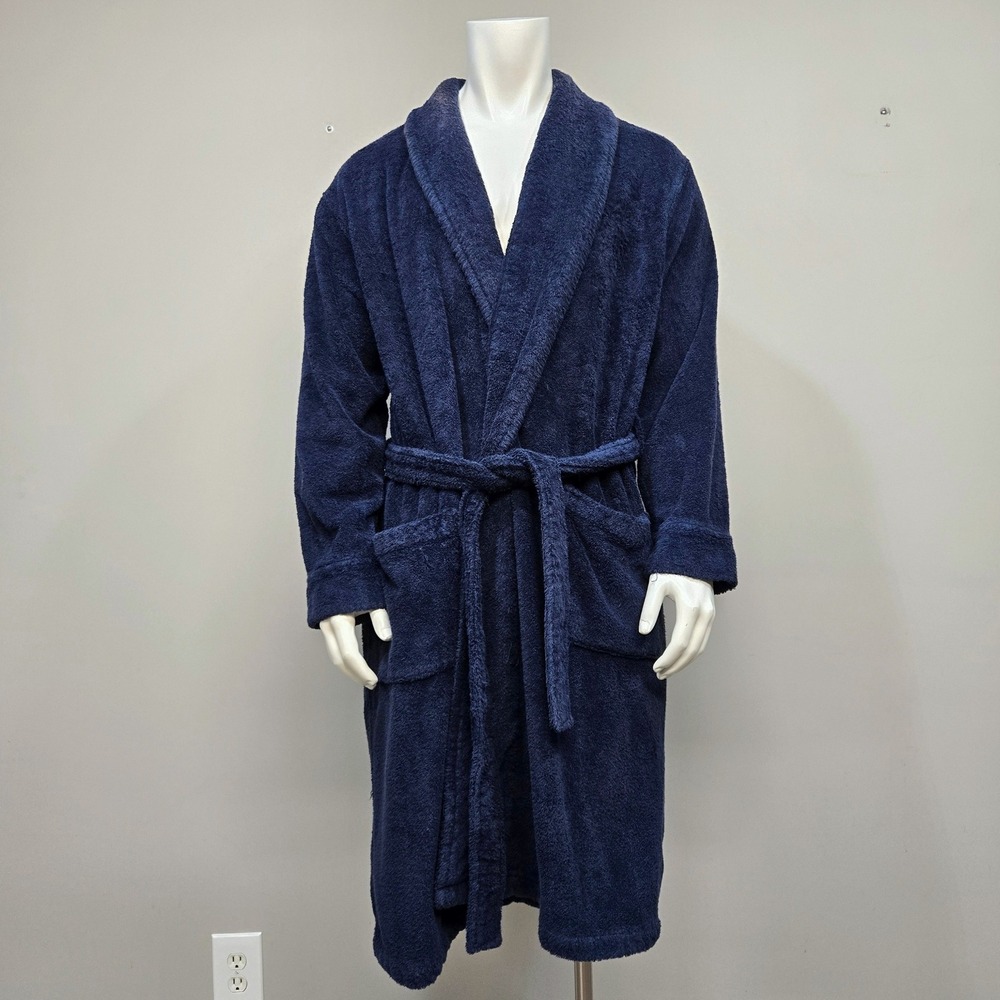 LL Bean Robe Men Large Navy Blue Turkish Cotton Terry Cloth Belt Bathrobe Thick